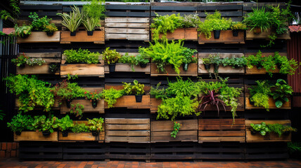 Wall Mural - decorative wooden pots with green plants on the shelves