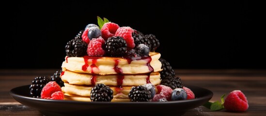 Canvas Print - Stacked on a brown plate there are pancakes topped with a medley of vibrant fresh blueberries raspberries and blackberries