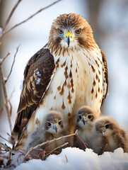 Wall Mural - A Photo of a Hawk and Her Babies in a Winter Setting