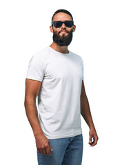 Sticker - Portrait of handsome, young, stunning, perfect bearded guy wearing a white blank t-shirt. T-shirt template.