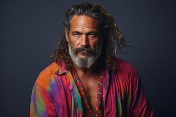 Portrait of a handsome man with long gray hair and a colorful shirt on a dark background