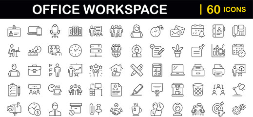 Office workspace set of web icons in line style. Office and coworking icons for web and mobile app. Office, remote working, meeting, co-worker, workspace, desk, computer, business icons and more