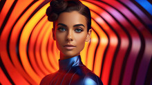 Cute Face. Beautiful Young Tanned Brunette Woman In Futuristic Tight-fitting Latex Clothes Against Backdrop Of Glow Of Neon Multi-colored Stripes Of Yellow, Orange, Purple, Lilac, Light. Generative AI