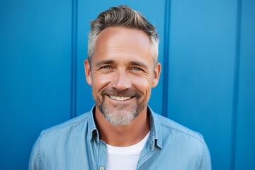 Wall Mural - Portrait of a handsome middle-aged man smiling against blue background