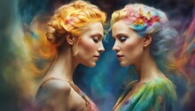 Portrait Of Two Attractive Young Women Looking Each Other In The Eyes. The Concept Of Female Friendship, Love And Beloved. Women Club. Colorful Hairs, Burst Of Colors On Background, Paint Drops Splash