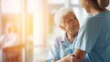 Fototapeta  - Caregiver nurse accompanying elderly woman, retirement