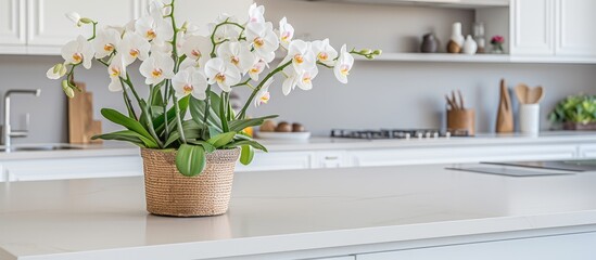 Sticker - In an open plan house you ll find a chic kitchen design featuring contemporary appliances and an island displaying a flower vase all complemented by sleek white cabinets