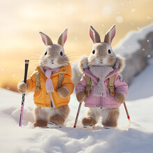 Rabbits With Skis On A Snow Track Run Downhill In A Beautiful Alpine Landscape. Sports Concept.
