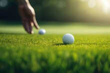 Blurred Golfer Hand Taking Golf Ball On A Green Meadow Of A Golf Course
