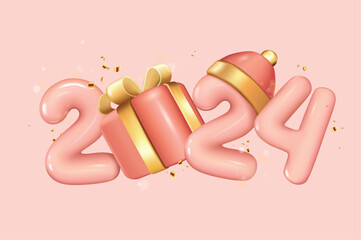 Poster - Christmas and New Year 2024 background in 3d realistic design. 2024 soft pink glossy numbers with gift box and Santa Claus hat with golden elements. Xmas banner in plastic style. Vector illustration.