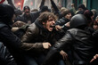 © MNStudio - Protesters behaving violently, fighting, damaging buildings and vehicles. Angry mob protesting on the street. People participating in street riot. Police confronting crowds.