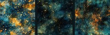 Watercolor Collection Of Night Sky. Set Of Seamless Pattern With Gold Foil Constellations, Stars, Clouds On Dark Blue Background. Space, Astronomical Concept. Design For Textile, Fabric, Paper, Print	