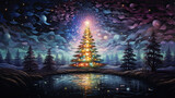 Fototapeta Konie - Christmas tree landscape sparkling at night