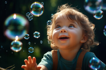 Poster - An inquisitive toddler gazes in wonder at a mesmerizing bubble as it floats by during a summer afternoon in the park. Child and soap bubbles. Generative Ai.