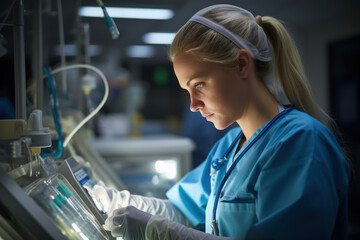 Poster - A dedicated nurse carefully tends to a newborn baby in a neonatal intensive care unit, ensuring the infant's well-being. Neonatal care and nursing. Generative Ai.