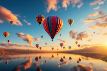 Sticker - A row of colorful hot air balloons takes flight in the early morning, creating a mesmerizing sight against the sunrise. Hot air balloons and ballooning. Generative Ai.