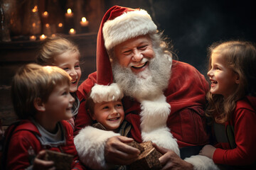 Sticker - A cheerful Santa Claus surrounded by eager children, listening to their Christmas wishes and spreading joy during the holiday season. Generative Ai.