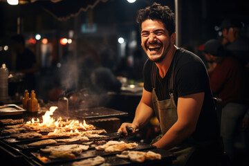 Poster - A street vendor grinning as he serves up delicious local street food, representing the happiness derived from savoring culinary delights. Concept of gastronomy and culture. Generative Ai.