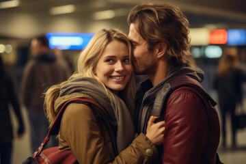 Poster - A woman ecstatically hugging her long-lost friend at the airport, encapsulating the happiness of reunions. Concept of friendship and travel. Generative Ai.