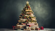 A Christmas tree made of books in colorful fabric covers. Christmas and New Year, education, book publishing, reading, vintage style.