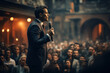 © Sebastian - A man in a suit and tie, delivering an inspirational speech to a captivated audience. Concept of leadership and motivation. Generative Ai.