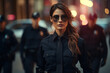A female police officer patrolling the streets, ensuring safety and order in the community. Concept of law enforcement and duty. Generative Ai.