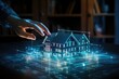 © Simon - Hologram of a house with a hand. New home, business and real estate concept.
