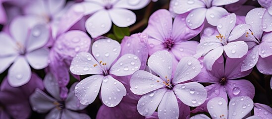 Sticker - On a damp and overcast spring day raindrops cling to the petals of white and purple flowers