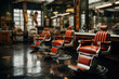 A retro barbershop with a spinning barber pole and leather chairs, reminiscent of a traditional grooming experience. Generative Ai.