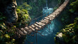 Suspension bridge over water in jungle, hanging wood footbridge in tropical forest in summer. Scenery of trees, foliage and river. Concept of travel, adventure, lost, rainforest