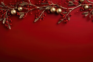 Wall Mural - Christmas composition. golden Christmas decorations and tree branches on a red background. Flat lay, top view, copy space