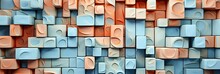 Colorful Bricks Wall In 3d, In The Style Of Tangled Forms, Quirky Shapes, Organic Biomorphic Forms, Light Blue And Orange, Generative AI