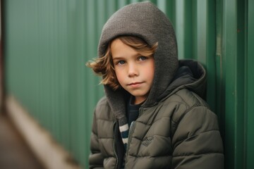 Outdoor portrait of a cute little boy wearing a warm jacket and hat