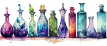 Gorgeous Glass Bottles Tinted With Watercolor For Fragrance And Magical Concoctions Found In Fantasy Games Within The Alchemy Lab Used For Enchanting Elixirs