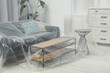 © New Africa - Modern furniture, houseplant covered with plastic film and step ladder at home