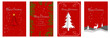 Holiday red cards with Christmas tree, reindeers, ornate floral frames, background and copy space. Universal artistic templates.