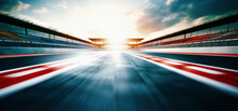 F1 Race Track Circuit Road With Motion Blur And Grandstand Stadium For Formula One Racing