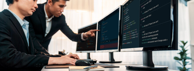 Wall Mural - software development team working together in office, coding script display on computer monitor. pro