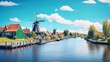 Panorama of authentic Zaandam mills on the water channel in Zaanstad village. Zaanse Schans Windmills and famous Netherlands canals, Europe. Instagram toning.