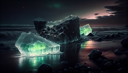 AI generated illustration of illuminated icebergs in the cold ocean water at night