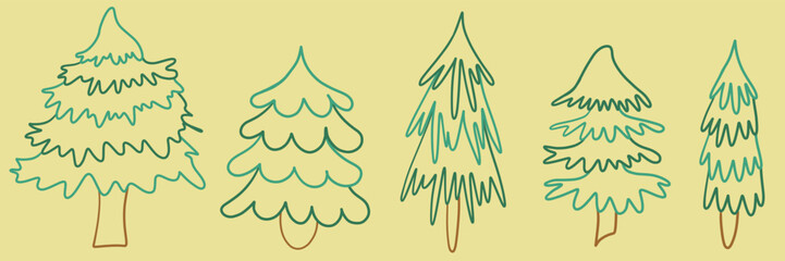 Wall Mural - Collection Christmas Fir Tree Outline. New year green sketch cute set. Firtree or pine. Xmas spruce decoration hand drawn graphic elements. Cartoon drawing doodle vector illustration.