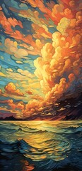 Wall Mural - ai generated illustration of a stunning painting of a boat at sunset over the tranquil ocean