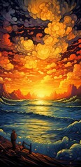 Wall Mural - ai generated illustration of a painting of a man in front of a sunset over an ocean landscape