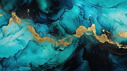 Poster - Abstract fluid art light blue and gold marble texture on black background