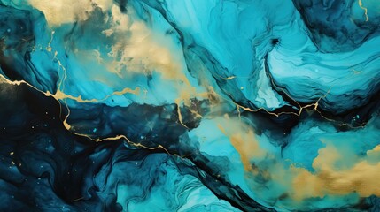 Wall Mural - Abstract fluid art light blue and gold marble texture on black background