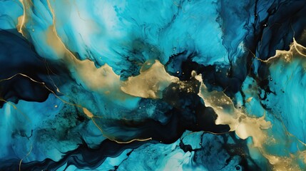 Wall Mural - Abstract fluid art light blue and gold marble texture on black background