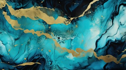 Poster - Abstract fluid art light blue and gold marble texture on black background