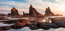 Rocky Shore On The West Coast Of Pacific Ocean. Nature Background.