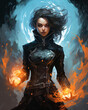 A sorceress woman in a black outfit holding a ball of fire