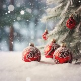 Fototapeta Do pokoju - Christmas tree decorated with red balls in forest in snowfall outdoors
